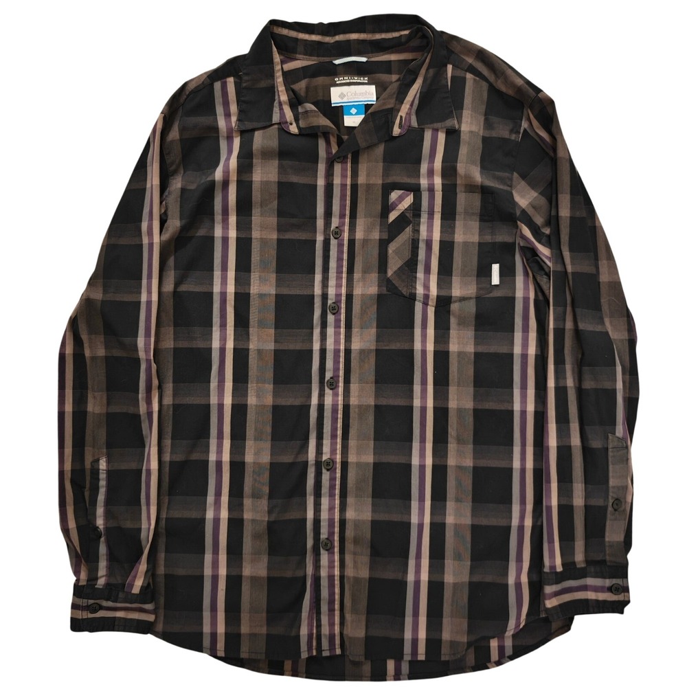 Columbia Omni-Wick Plaid Button Up Shirt Mens XL Black Purple Long Sleeve Hiking